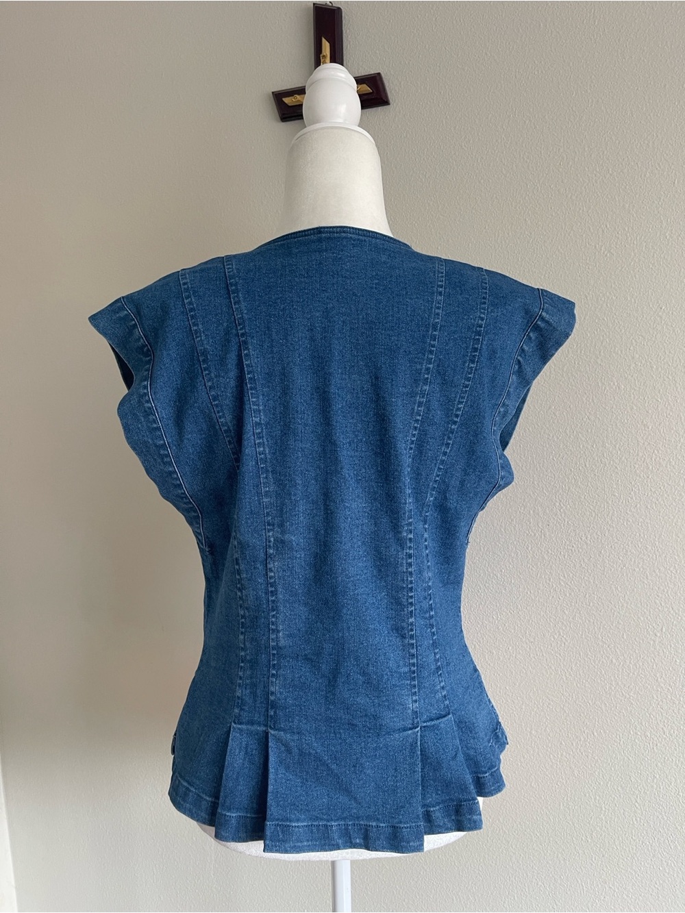 Free People Blue Denim Button-Front V-Neck Peplum Top - Picture 5 of 7